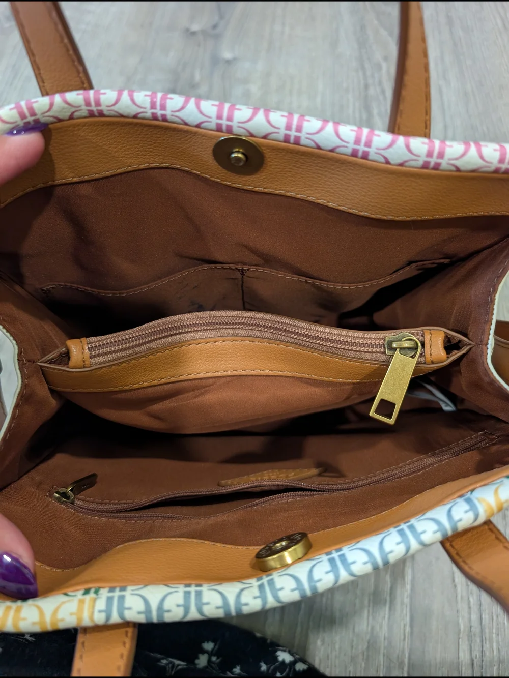 Fossil Kingston Monogram Canvas Leather Crossbody Bag Tote Neutral Multi Color